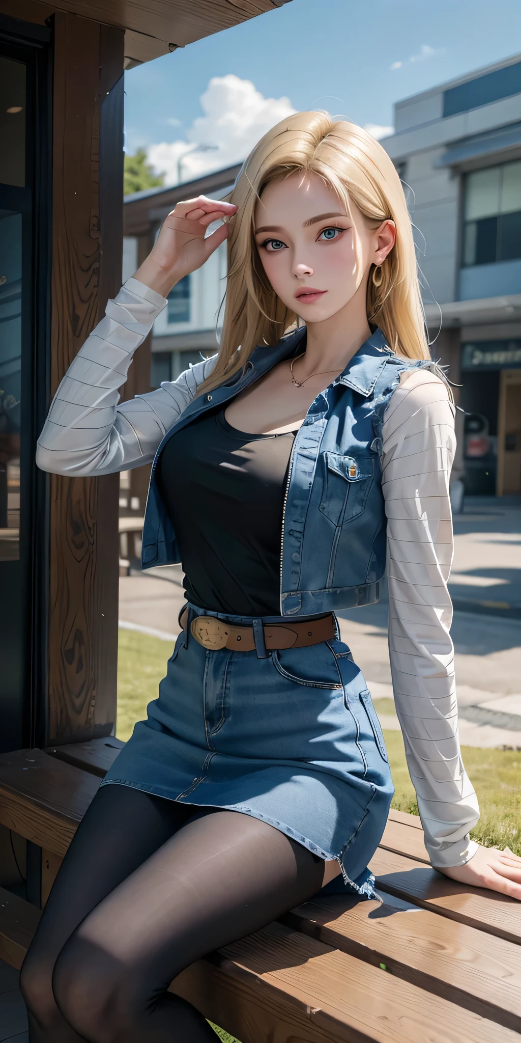 One girl wears a denim skirt and a Black T-shirt with high cleavage shirt standing in front of the window, Young beautiful amouranth, hyper realistic anime, seductive anime girl, perfect android girl, photorealistic perfect body, realistic anime 3d style, beautiful blonde girl, beautiful alluring anime woman, hyperrealistic schoolgirl, sexy look, cyberpunk 2 0 y. o model girl, attractive anime girl, Android 18 solo, Maximum Length Hush Cut Hair,Light Blonde hair, Blue Transparent eyes of Slavic Caucasians, The flash in the eyeballs is brilliant, Wearing round earrings, Tight Long sleeves with black stripes on a white background, Blue denim mini vest, Blue denim mini skirt, The denim skirt's zipper seam line and stitching run vertically straight to the bottom of the skirt, Open-chested denim vest, Large breasts, Women's Western Cowboy Belt, Brown see-through pantyhose, Western short boots, Looking at viewer, Her whole body is visible on the screen, Her entire body is visible on the screen, from her head to her boots, On a bench, Slight smiling with closed lips standing next to bench , Blue sky, , outside, park, grass, Summer, trees, blue sky, high quality, masterpiece,