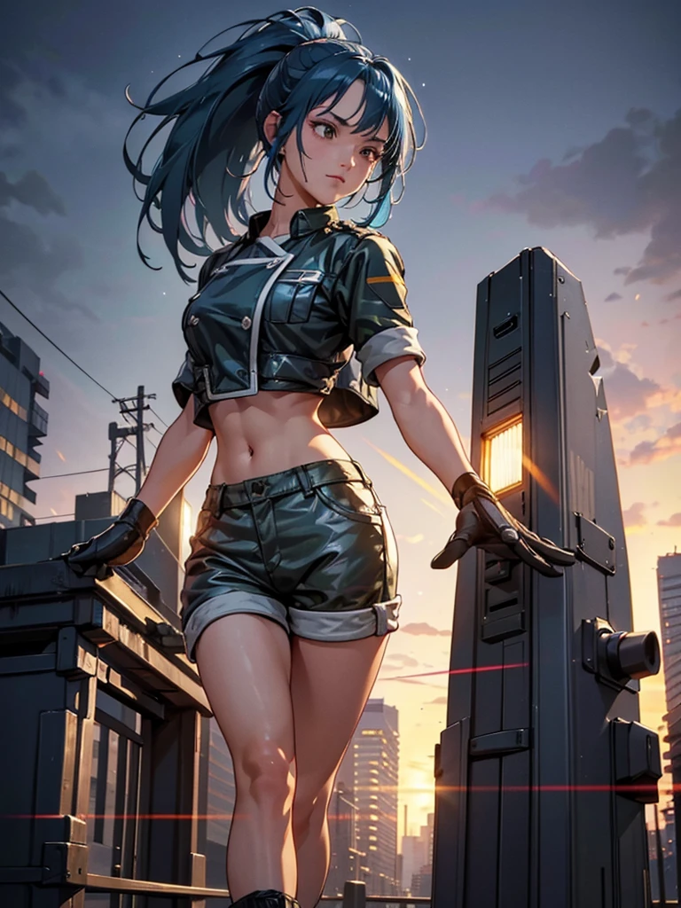 (at night), alone, in a video game scene a background of a beautiful city during the day raining, standing at attention, blue hair, wears a ponytail in her hair, 1 girl, alone, 30 years old, young woman, uses military clothing, military shorts, military boots, military gloves, military navel blouse, perfect hands, beautiful and perfect fingers, beautiful legs, perfect legs, beautiful body, beautiful nose, beautiful character design, perfect face, look at the viewer with a angry gesture, in attack position (focusing on his face), closed mouth, Light_Smile, official art, extremely detailed CG unity 8k wallpaper, perfect lighting, bright and colorful front lighting, glowing skin (masterpiece: 1.0), (best_quality: 1.0), ultra high resolution, 4K, ultra detailed photography, 8K, HDR, high resolution, nonsense: 1.2, Kodak portra 400, film grain, blurred background, bokeh: 1.2, lens flare, (vibrant_color: 1.2 ), professional photography, (beautiful_face: 1.5), (narrow waist),
