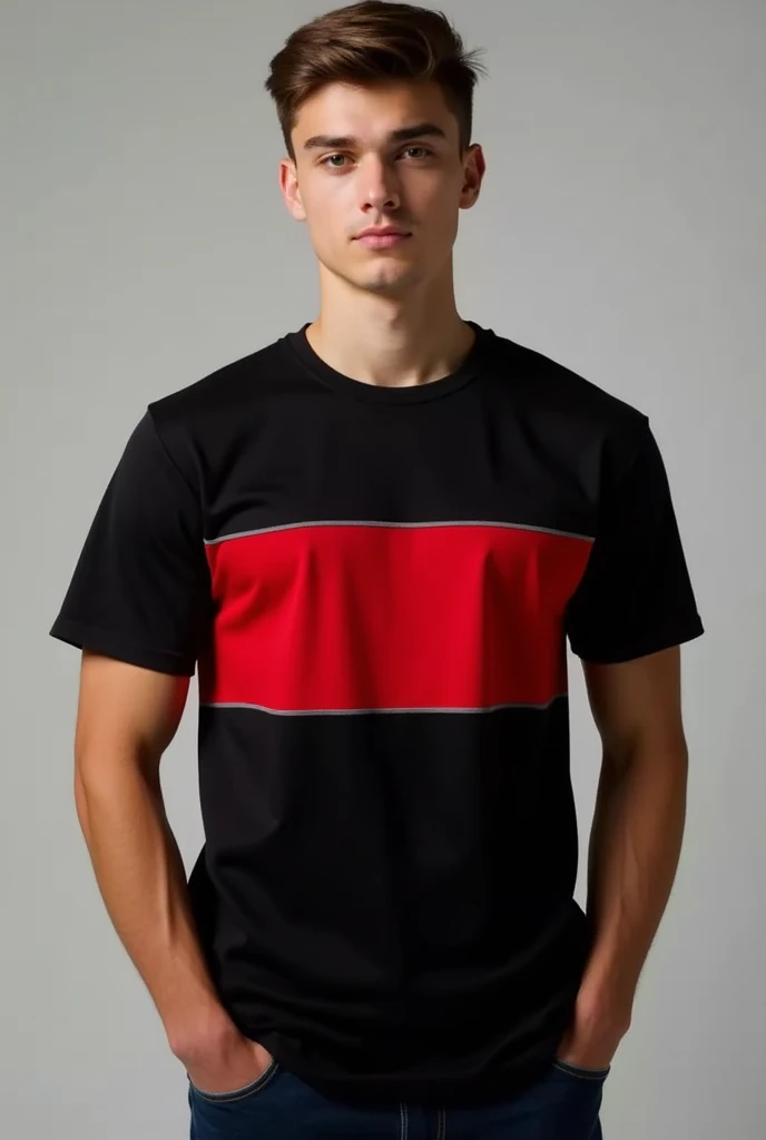 Make a plain black collar tshirt
Make the boarders red