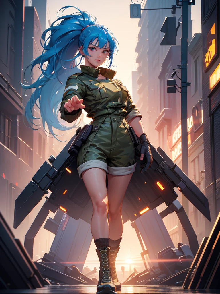 (at night), alone, in a video game scene a background of a beautiful city during the day raining, standing at attention, blue hair, wears a ponytail in her hair, 1 girl, alone, 30 years old, young woman, uses military clothing, military shorts, military boots, military gloves, military navel blouse, perfect hands, beautiful and perfect fingers, beautiful legs, perfect legs, beautiful body, beautiful nose, beautiful character design, perfect face, look at the viewer with a angry gesture, in attack position (focusing on his face), closed mouth, Light_Smile, official art, extremely detailed CG unity 8k wallpaper, perfect lighting, bright and colorful front lighting, glowing skin (masterpiece: 1.0), (best_quality: 1.0), ultra high resolution, 4K, ultra detailed photography, 8K, HDR, high resolution, nonsense: 1.2, Kodak portra 400, film grain, blurred background, bokeh: 1.2, lens flare, (vibrant_color: 1.2 ), professional photography, (beautiful_face: 1.5), (narrow waist),
