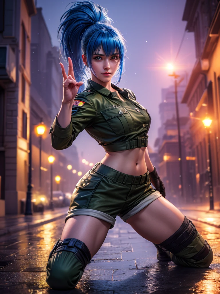 (at night), alone, in a video game scene a background of a beautiful city during the day raining, standing at attention, blue hair, wears a ponytail in her hair, 1 girl, alone, 30 years old, young woman, uses military clothing, military shorts, military boots, military gloves, military navel blouse, perfect hands, beautiful and perfect fingers, beautiful legs, perfect legs, beautiful body, beautiful nose, beautiful character design, perfect face, look at the viewer with a angry gesture, in attack position (focusing on his face), closed mouth, Light_Smile, official art, extremely detailed CG unity 8k wallpaper, perfect lighting, bright and colorful front lighting, glowing skin (masterpiece: 1.0), (best_quality: 1.0), ultra high resolution, 4K, ultra detailed photography, 8K, HDR, high resolution, nonsense: 1.2, Kodak portra 400, film grain, blurred background, bokeh: 1.2, lens flare, (vibrant_color: 1.2 ), professional photography, (beautiful_face: 1.5), (narrow waist),
