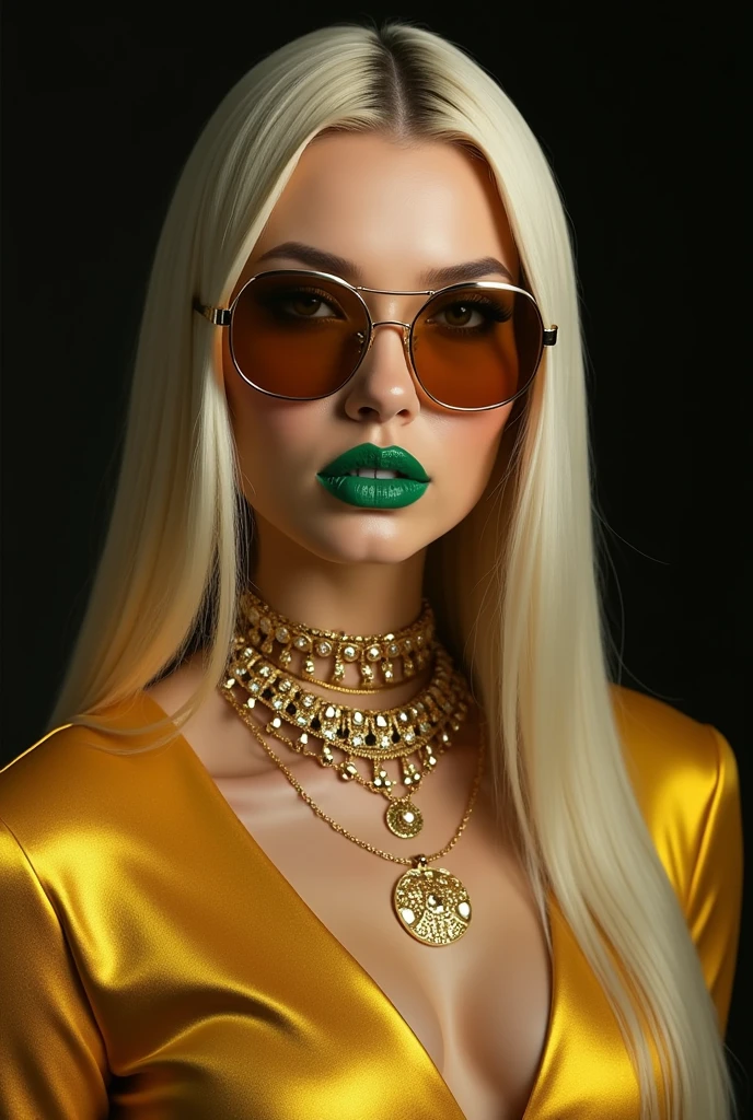masterpiece, high quality, 4K, Beautiful design, (from the front, Whole body),Award-winning photo, Very detailed, wonderful, The finer details, Absurd, Very detailed女性, (small breasts:1.5),Wear sunglasses、Arabian woman in a yellow shirt making a heart sign, Color photography inspired by Ion Andreescu, Trending on Reddit, Pop Art, 4K'', Eva Max, Ridiculously long blonde hair, Long blonde hair and big eyes, Low quality video, Wearing the NBA jersey, Her hair is white, Twitch Emotes, She wears streetwear