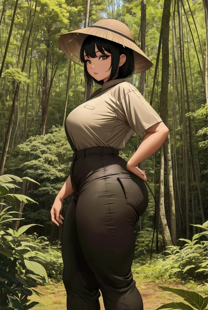 One black haired vietnamese women, huge amazing ass, thick thighs, bbk, pretty feminine face, small waist, 19 years old, short black hair, wearing camping clothing, long brown pants, green buckethat, standing in a beautifiul forest infront of a tent