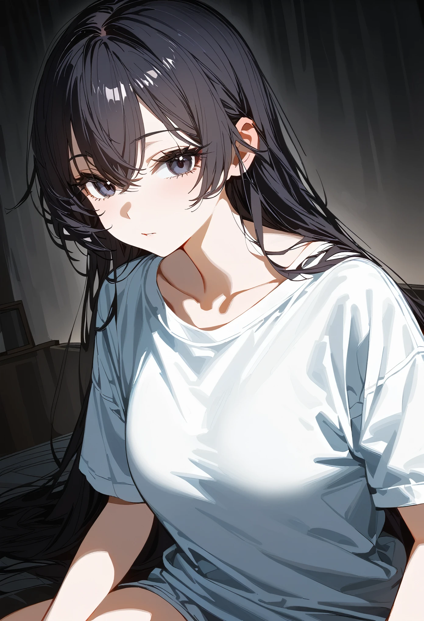 (masterpiece, best quality:1.2), 1 girl, alone, yuki suou, /(roshidere), looking at viewers, black long straight hair, black eyes, oversized white t-shirts, (sitting, sensual), in the bedroom at night, lights off, moon light