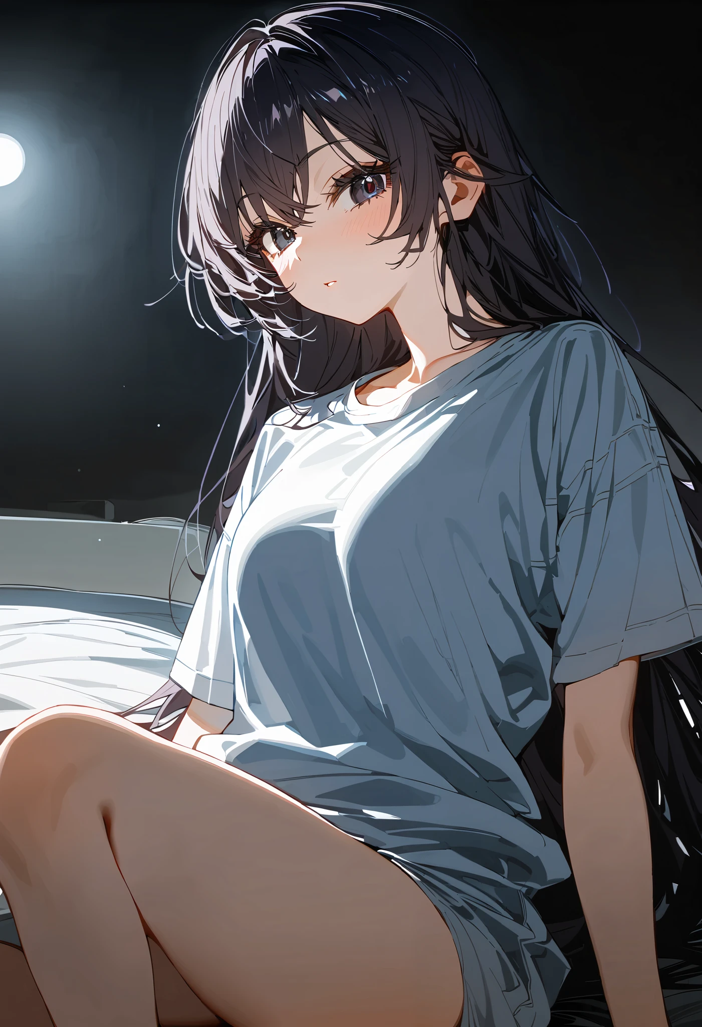 (masterpiece, best quality:1.2), 1 girl, alone, yuki suou, /(roshidere), looking at viewers, black long straight hair, black eyes, oversized white t-shirts, (sitting, sensual), in the bedroom at night, lights off, moon light