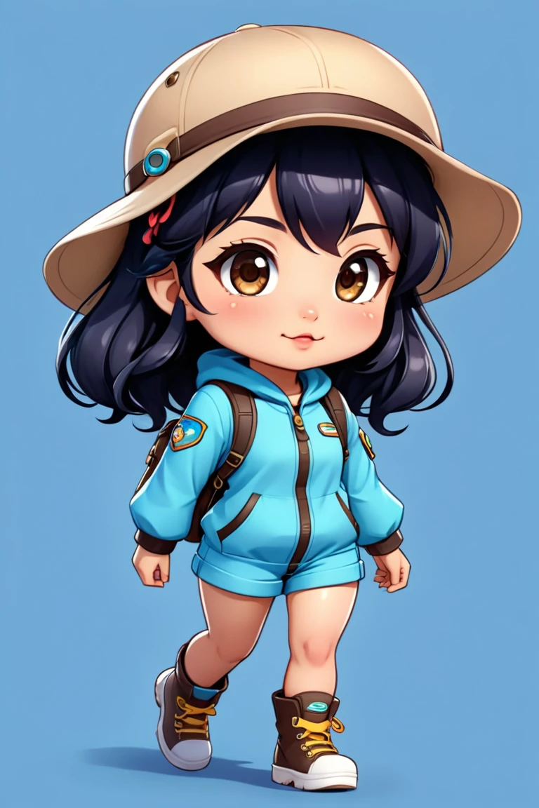 a cartoon girl wearing a hat and jumpsuit walking,   chibi,  Female Explorer , cute  , cute art style,  cute cartoon character,  cute digital art ,  realistic kawaii portrait ,  fofa kawaii, Chibi Art, anime  chibi, Chibi anime girl , estilo  chibi, fofo,  cute digital art  e detalhada, portrait of  beautiful anime girl , cute cartoon style,  beautiful anime girl 