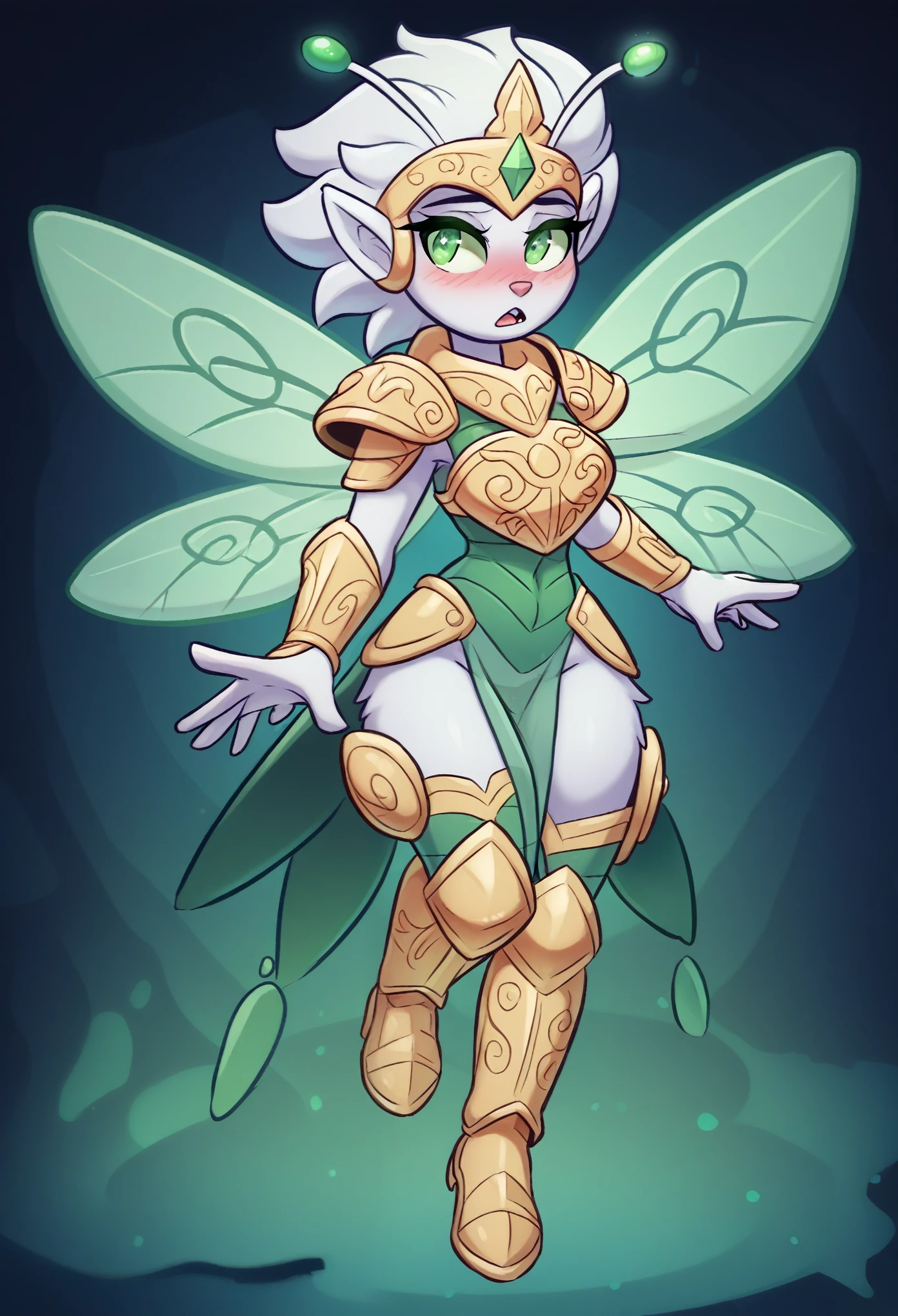 Create a purple-skinned female fairy with a sleek, minimal, nature-themed armor design. Her body is athletic yet delicate, with cat-like green eyes and flowing white hair, crowned by two thin green antennae. She wears a minimalist green and gold armor set: small, leaf-shaped arm guards, a modest chest piece with a nature motif, and lightweight thigh-high boots that contour to her legs, allowing full movement. Her armor should be sleek and unobtrusive, maintaining an agile appearance while still showing protection. Her wings are large, transparent, and purple with soft glowing patterns. A thin, white fluffy scarf wraps around her neck, creating contrast. Ensure her long, flowing white tail is clearly visible and unobstructed by any armor or anatomy issues. She holds a small, glowing orb of green magical energy in her hand, with her expression showing curiosity or surprise. The focus is on her sleek, agile design with clear, clean anatomy, ensuring no clipping or anatomy distortions