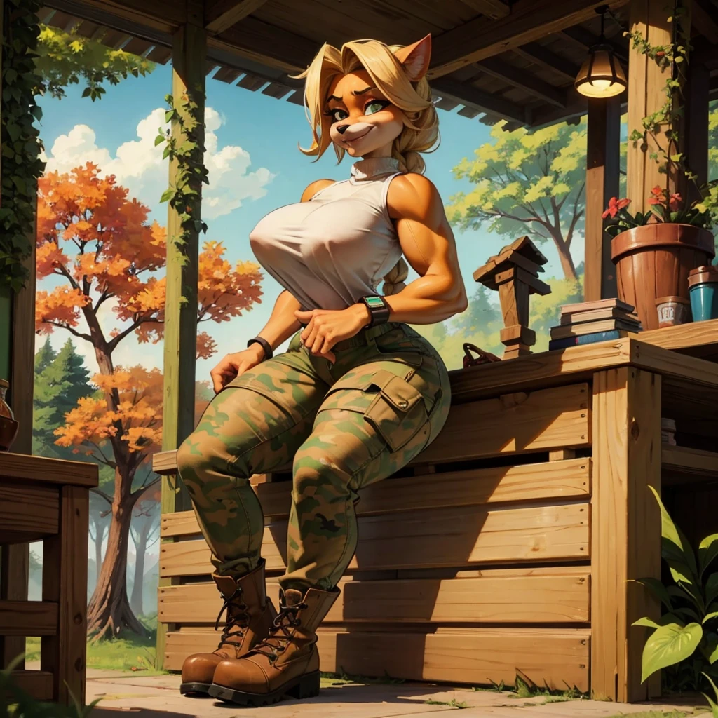  sancy, Futanari anthro bandicoot girl redhead,  braided hair, beautiful green eyes, sexy, , relaxing sexy moment, seductive, kiss,warm sweater, camouflage pants, army boots, , Cozy autumn atmosphere, , the forest, autumn , Girl in sweater, , camouflage trousers, army boots, furry anthro bandicoot, seductive facial expression wide grin , hands to pants, Pants, dynamic pose,