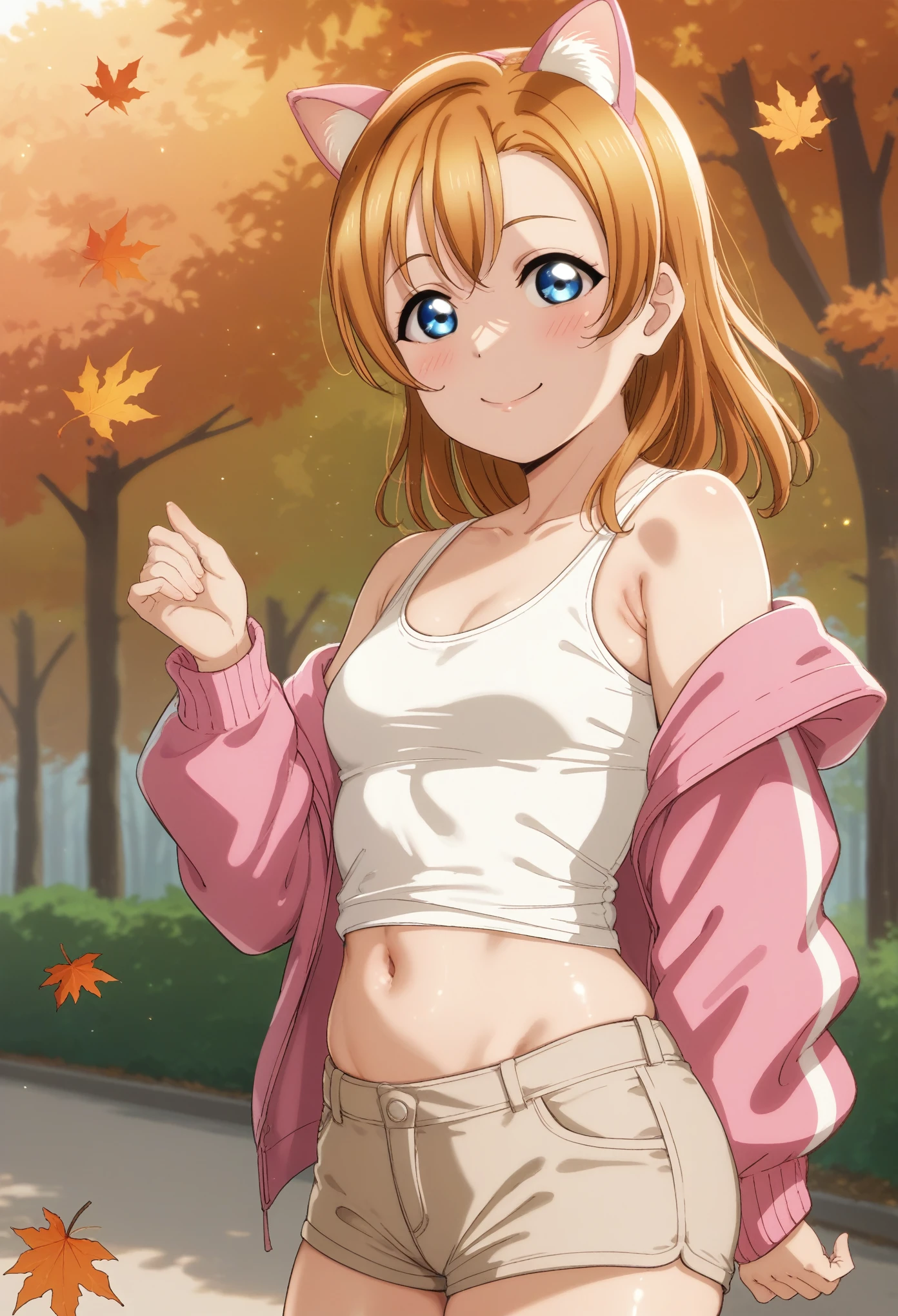 score_9, score_8_up, score_7_up, score_6_up,Shiny skin,kousaka honoka, blue eyes, orange hair, volumetric lighting, beautiful , Blushing, small breasts, looking at viewer, white tank top, light brown shorts,pink jacket, casual clothes,solo, seductive smile, tree , love live ,slim fit body, standing, cowboy shot ,autumn,leafs,alp art style , navel, skindentation ,pink cat ears