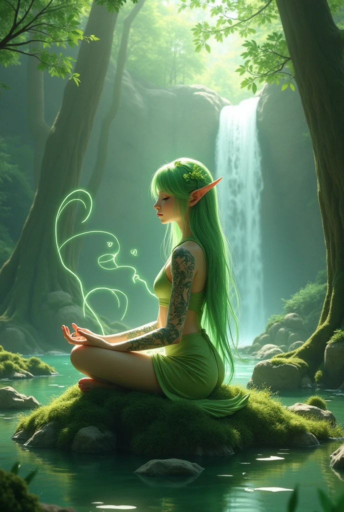 A green elf sitting in the middle of a green river , with long hair and gold coins around her