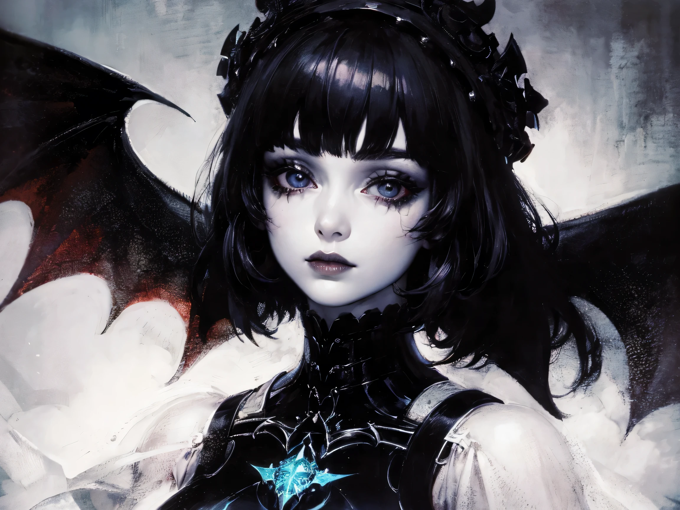 (best lighting) (best quality, masterpiece:1.2), (absurdres), 4k, (detailed eyes), (detailed face), ethereal demonic woman wearing medieval armour and bodysuit with short black hair, blunt cut bangs and ((pale white skin)). Large bat wings. Curvy. She's standing in front of an old gothic castle illuminated by a large moon over head, ((black armour)), dark, moody, ((gothic)), ((dark fantasy)), medieval