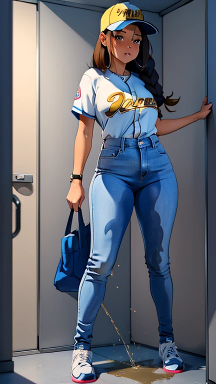 adult woman, slut, skimpy, very tall, big boobs, big butt, thick thighs, voluptuous body, slim waist, Baseball player, in the locker room, she is too tall for the small locker room, she is too tall too stand up straight, her head touches the ceiling, bumped her head on the roof, taller than the door, hunched over, she is too tall to make it through the door, White uniform, baseball cap, brown braids hair, curvy, thin waist, thigh gap, thick thighs, big butt, bubble butt, hands in the air, crotch visible, peeing self, wetting self, pee flowing into her pants, glistening pee stain on crotch, pee flowing from her crotch down her legs, giantess