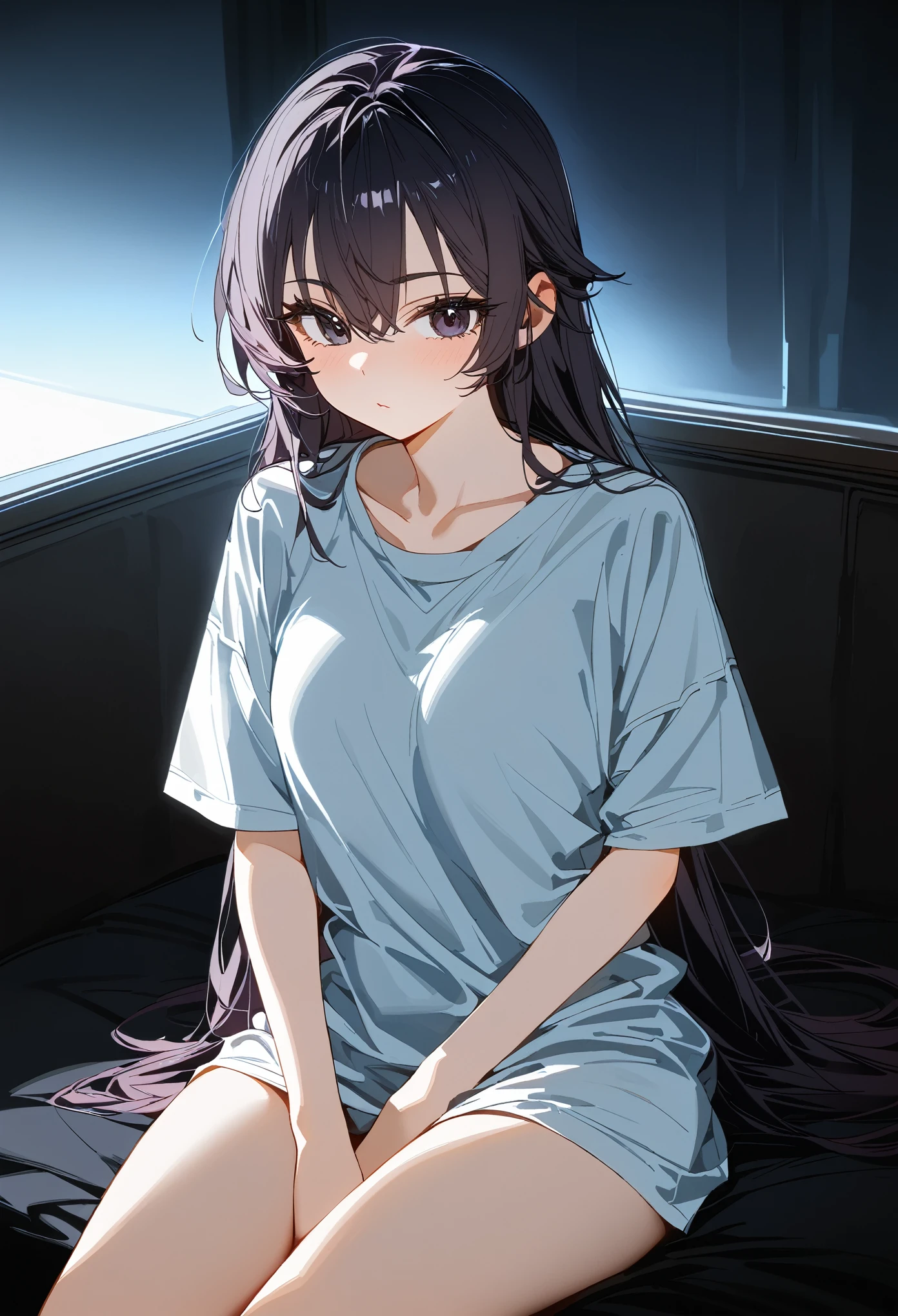 (masterpiece, best quality:1.2), 1 girl, alone, yuki suou, /(roshidere), looking at viewers, black long straight hair, black eyes, oversized white t-shirts, (sitting, sensual), in the bedroom at night, lights off, moon light