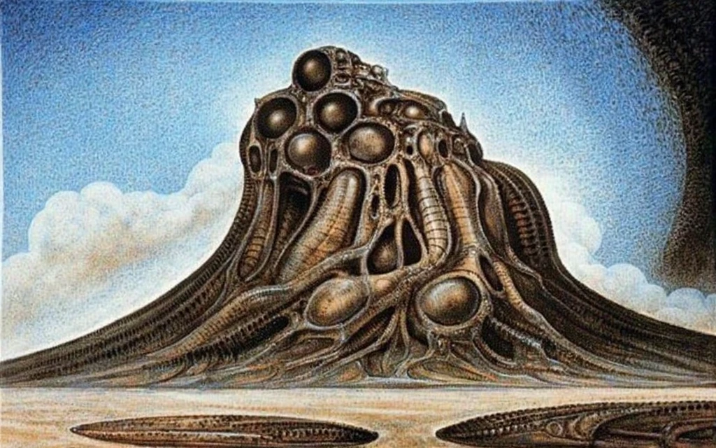 H. R. Giger's g1g3r, , Giger_style, The image is a detailed view of H.R. Giger's \" Island Of The Dead \" plate, featuring (  The image depicts a fantastical scene of a castle with a round tower, surrounded by a whirl of dark clouds and a starry nebulous sky in the background.by Giger ) H R GIGER's biomechanical is a digital artwork featuring  vertical city set against a backdrop of intricate mechanical pipes and wires.. with a glowing light source, dence cloudy mist, strokes of steam. (A haunting and surreal image inspired by the work of H.R. Giger. The artwork depicts a biomechanical , with intricate tubes and pipes snaking along the walls.  The image features a close-up of a mechanical object with a complex, intricate design, resembling a futuristic machine or robot, made of  burned bone and ivory, fossils,set against a blurred background, adding to the sense of unease and mystery. The overall atmosphere is one of darkness, decay, and the unsettling nature of the unknown, best quality:1.4) The artistic manner would be unmistakably Gigeresque. A dark and unsettling beauty would permeate the piece, blurring the lines between fascination and repulsion , forever haunted by the grotesque allure. Giger's signature artistic manner would be evident in every stroke. The artist has used careful linework to depict the contours and textures in the piece, (Triadic:1.1), (Proportion:1.1),  , (Reflected light:1.2), Parchment, ultra detailed, intricate,, dry b (best quality:1.4), H.R. GIGER,  BY GIGER