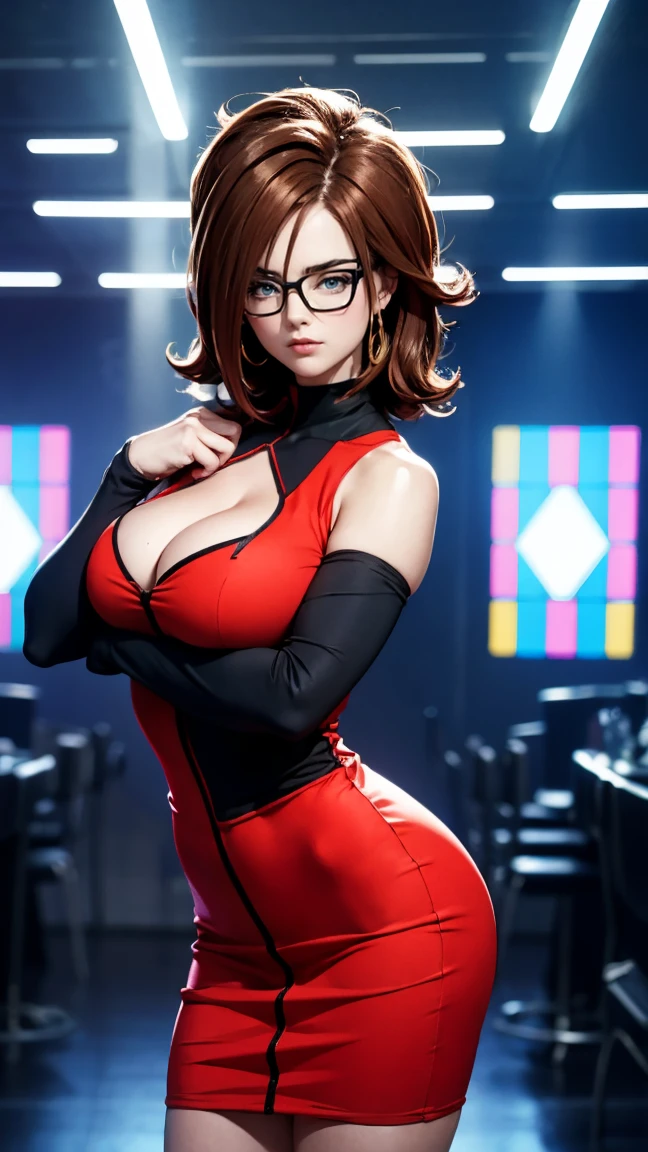 Beautiful brunette hair woman is shown to have a athletic figure, she is wearing a beautiful sexy dress, blue eyes, glasses, girl standing in a gala ballroom, sexy session, putting her hands on her waist, poseing, exposed cleavage, cowboy shot, superior quality, many details, realistic android 21
