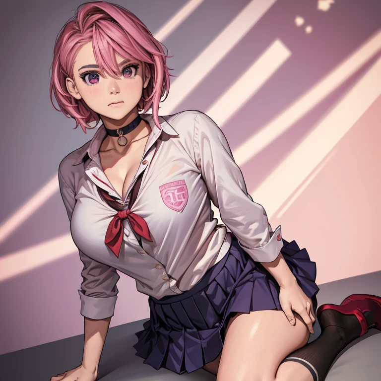 (masterpiece, best quality), intricate details, ((1girl, solo, alone)), aira_shiratori_(dandadan), short pink hair, detailed face, detailed eyes, double eyelids, highres, big breasts, collarbones, cleavage, simple background, choker, angry, full body, head to toe, school uniform, skirt, ribbon, collar, shirt, 