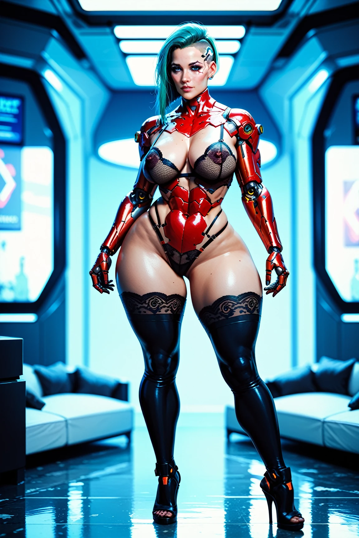 A sexy cyborg big breasts naked athletic body robotic arms metal boots braid hair husband wires red eyes nsfw nude