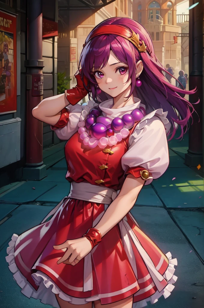 (masterpiece,  best quality:1.2),  intricate detail, Athena asamiya ,  1 girl,  red dress , Purple Hair, Puffy short sleeve ,  headband, Fingerless gloves,  earrings for a woman alone,  necklace , Long Hair