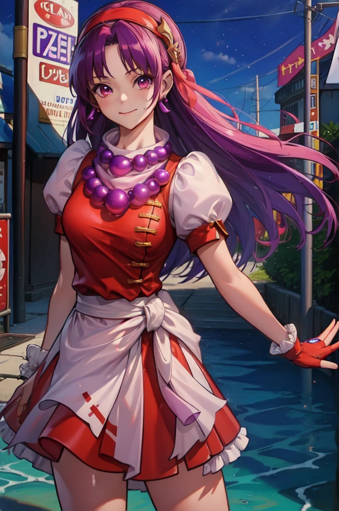 (masterpiece,  best quality:1.2),  intricate detail, Athena asamiya ,  1 girl,  red dress , Purple Hair, Puffy short sleeve ,  headband, Fingerless gloves,  earrings for a woman alone,  necklace , Long Hair