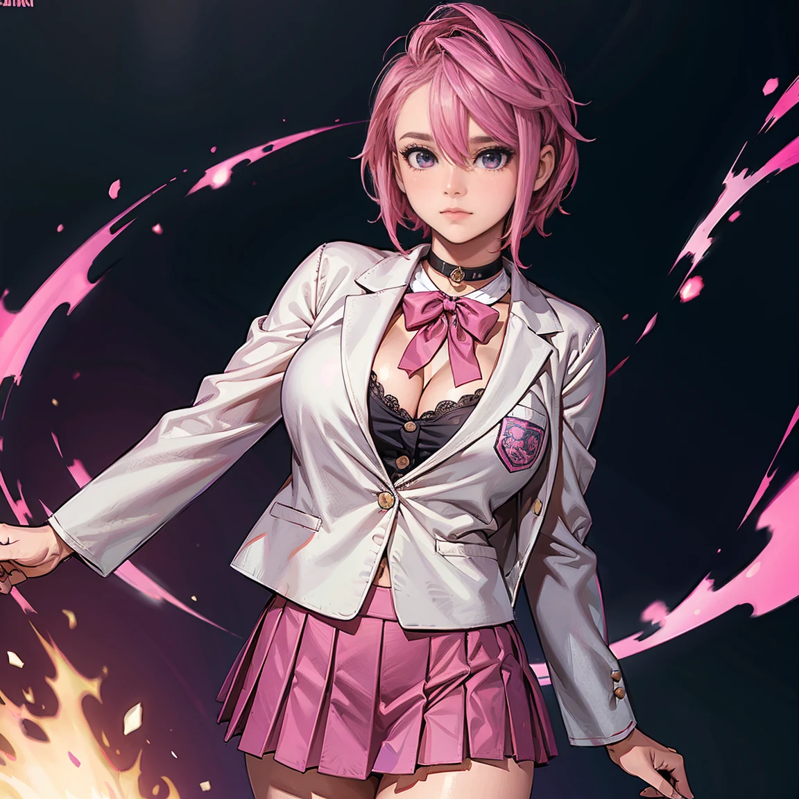 (masterpiece, best quality), intricate details, ((1girl, solo, alone)), aira_shiratori_(dandadan), short pink hair, detailed face, detailed eyes, double eyelids, highres, big breasts, collarbones, cleavage, simple background, choker, angry, full body, head to toe, school uniform, skirt, ribbon, collar, shirt, blazer, 