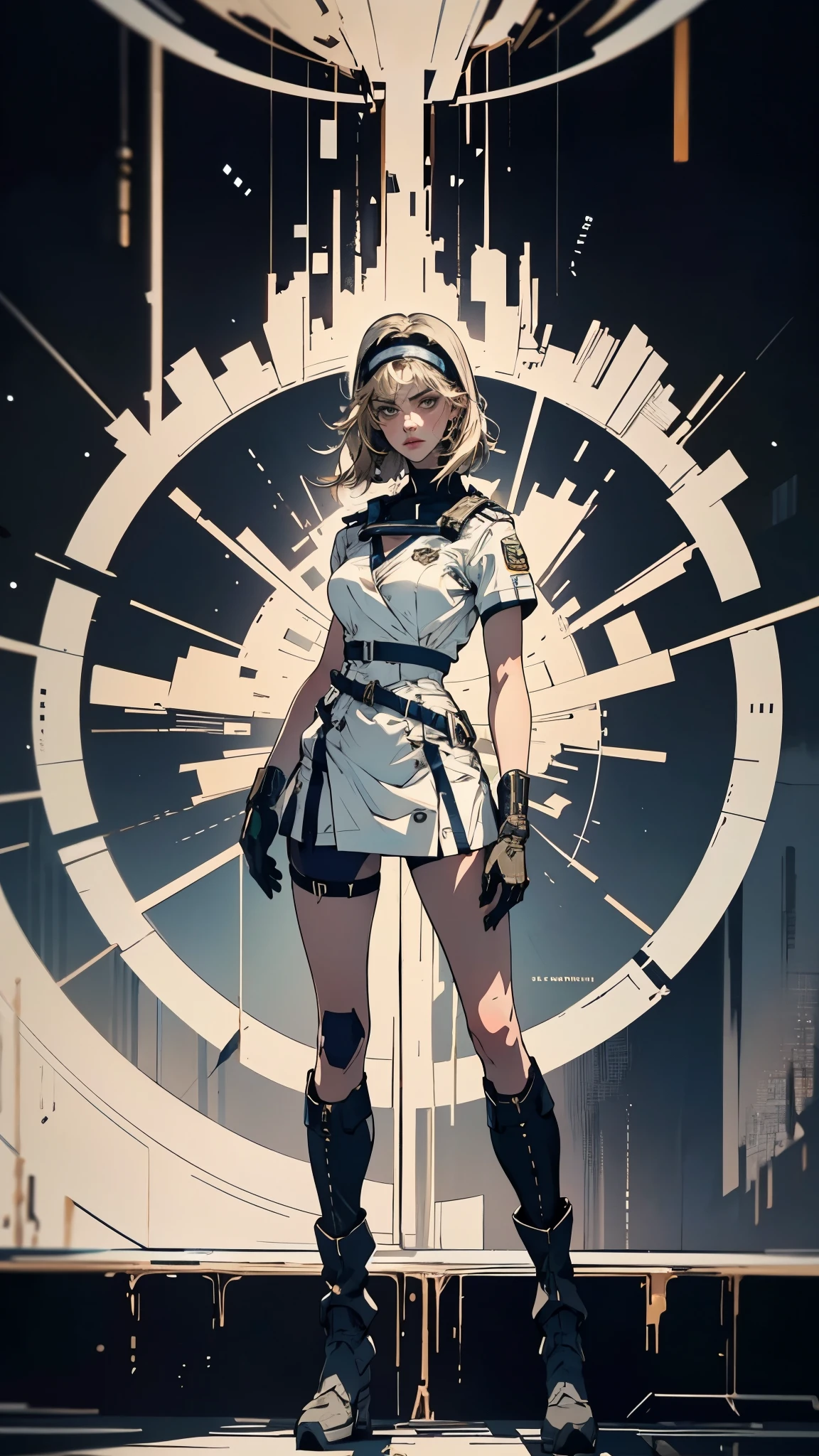 (masterpiece:1.2, best quality:1.2, extremely delicate:1.2), ((Alexandra Daddario:1.2)), a girl with short light golden hair, a metal headband on her forehead, icy gaze, detached expression, smooth and exquisite facial appearance, perfect body, perfect skin, porcelain skin, pale skin, sci-fi military uniform, short sleeves, gloves, short skirt integrated with the outfit, dark fitted pants, knee-high military boots, the color scheme is primarily White with Blue and Yellow accents, surrounded by AR virtual interfaces, standing in a futuristic sci-fi-styled room, this character embodies a finely crafted futuristic sci-fi female officer in anime style, exquisite and mature art style, exquisite photography, Photo realism, photorealistic, even and soft lighting on face, dramatic, high definition, highres, ultra-detailed, ultra-fine painting, professional, perfect body proportions, anatomically correct, symmetrical face, extremely detailed eyes and face, high quality eyes, creativity, RAW photo, UHD, 32k, portrait lighting, Natural light, cinematic lighting, (masterpiece-anatomy-perfect:1.2)