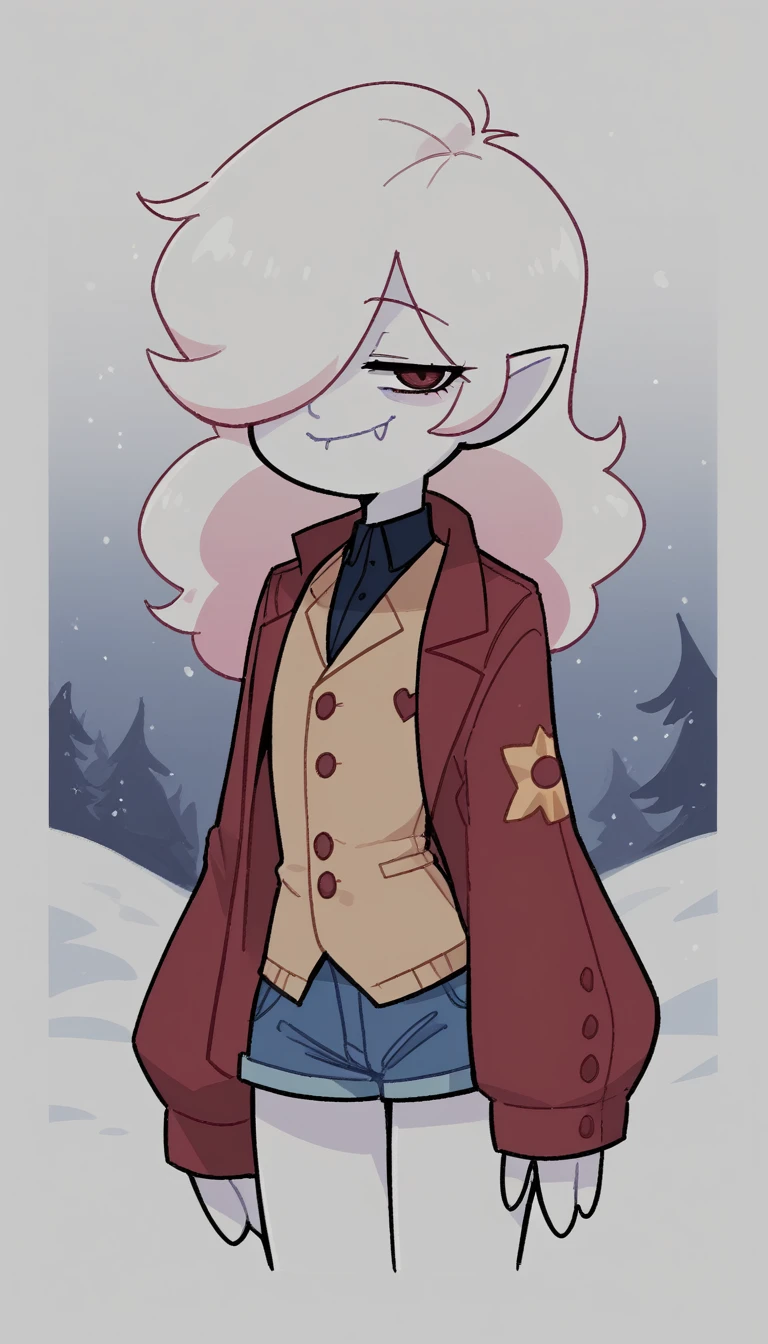   better quality ,  very detailed illustration, (Vampire boy :1,7), pointed ears ,snow-white skin ,  disheveled fluffy golden hair,  hair cover the eyes , Slim,  perfect body, простой Drawing, Artifyber style, Drawing, pastel flat colors, Cute,  cartoon , a femboy, clothes frock coat jacket vest and short shorts  , Smug Bitches