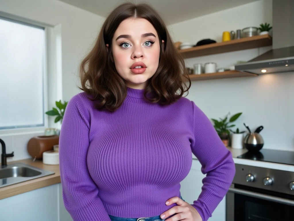 Gina in the kitchen modeling a purple sweater, full body shot. 