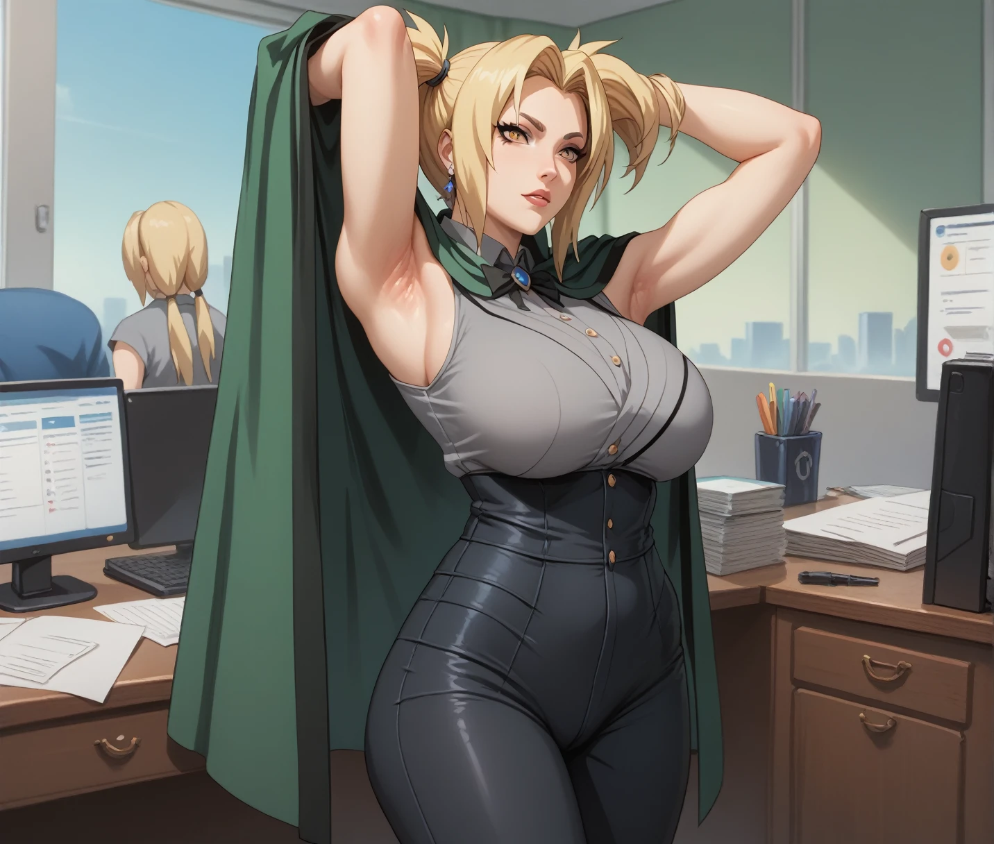 Tsunade Senju,  yellow hair, Hairstyle: two pigtails in the back ,  his sleeveless gray shirt and a green cape ,  pants Black leggings tight ,  Big breasts ,  has his arms up you can see his armpits ,  in an office High resolution ,  masterpiece , necessary, HD model, 