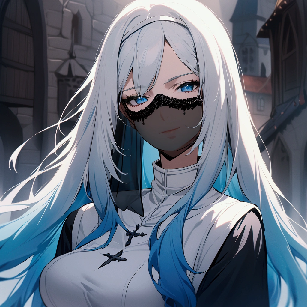 Superheroine drawing (women) stylized black suit, mask on the face, White hair, white skin and light eyes