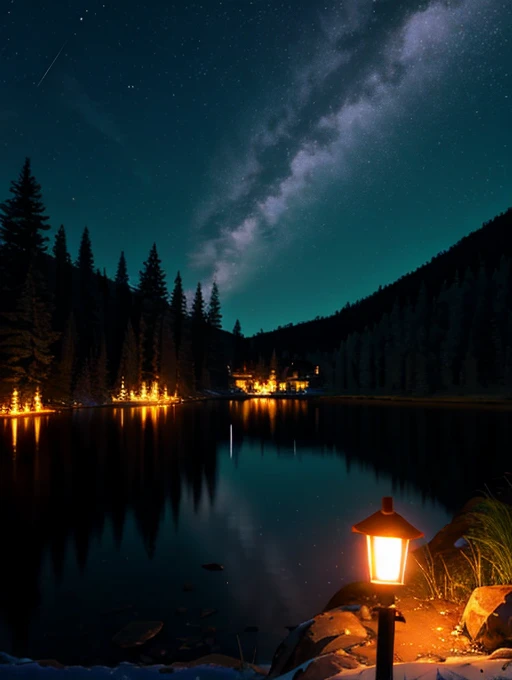 Beautiful lake at night ,  lots of floating flashlights in the air,all full of flashlights 