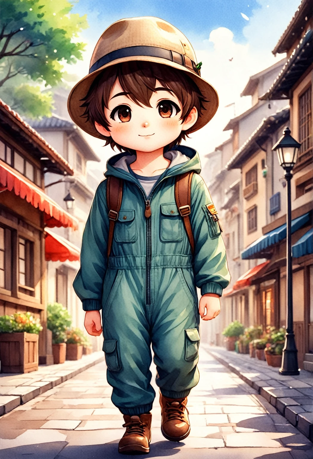  a watercolor illustration cartoon boy wearing a hat and jumpsuit walking,  chibi,  Male explorer , cute  , cute art style,  cute cartoon character,  cute digital art ,  realistic kawaii portrait , fofa kawaii, Chibi Art, anime  chibi, Chibi anime girl , estilo  chibi, fofo,  cute digital art  e detalhada, portrait of  Beautiful anime boy , cute cartoon style,  Beautiful anime boy 