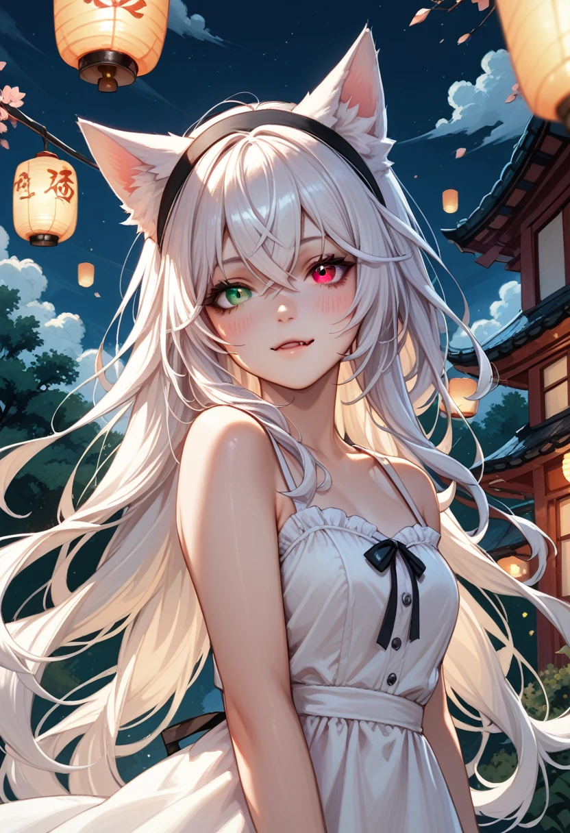 1girl, solo, floating hair, :o, fang, blush, red eyes, green eyes, black headband, hair intakes, white hair, absurdly long hair, heterochromia, fox ears, sundress, white dress, slit pupils, crossed bangs, paper lantern, sky lantern, night, looking up, cloud, upper body, looking afar, dark
