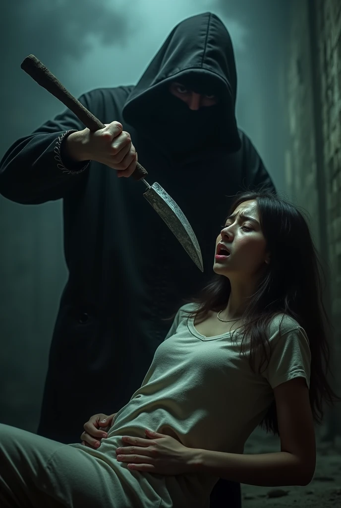 korean girl, (behind corpse, holding knife), surgical mask, black gloves, room full of blood, black raincoat, trucker hat, holding knife, black gloves, woman on top, behind corpse, blood splatter, 20 years old, on the bed, mass murderer, killer, long bangs, blood splatter, dark atmosphere, cinematic lighting, atmospheric realistic, light from the window, close-up,
