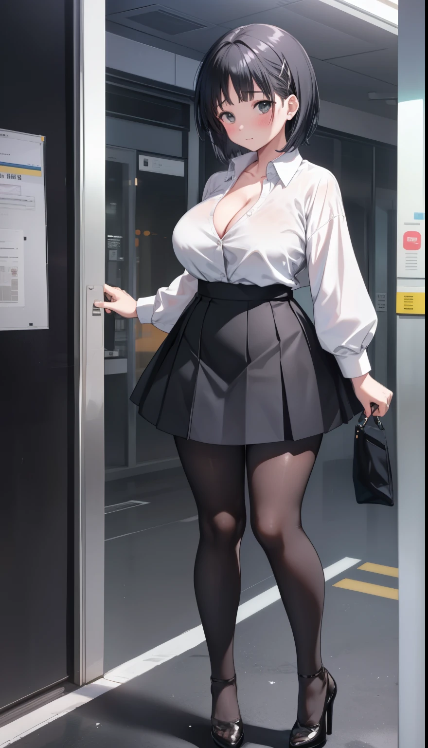 One Girl、positive、Standing posture、Full body portrait、Black Hair、Medium haircut、blush、Absolute area、Black knee-high socks、Knee-length、stockings、Black Pantyhose、White underwear、Light blue shirt、Blue-gray business suit、Grey tight mini skirt、Japanese office lady、Summer clothes、the pleasure district of the night、night、(Very large breasts)、Cleavage、open chest shirt、((Lesbians around the world))、masterpiece、(highest quality)、
Panties around the ankles、Black high heels、 exposes her breasts、 Bare Breasts、Nipples