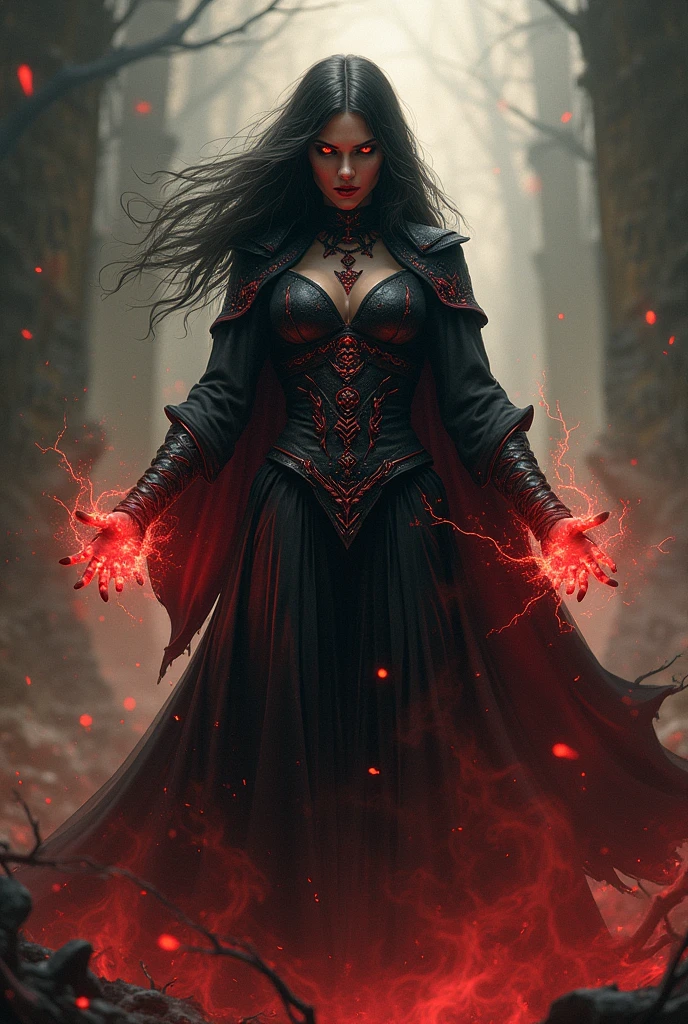 (photoralism:1.2), Very detailed, Ultra-high resolution, High Contrast, masterpiece, realistic, Hell stormy scene, pretty woman, golden eyes, black hair, frightening black dress with armor, witch, red magic from her hands, ashen skin, claws, evil, commanding, serious expression, streaks on eyes, frightening necklace with red gem