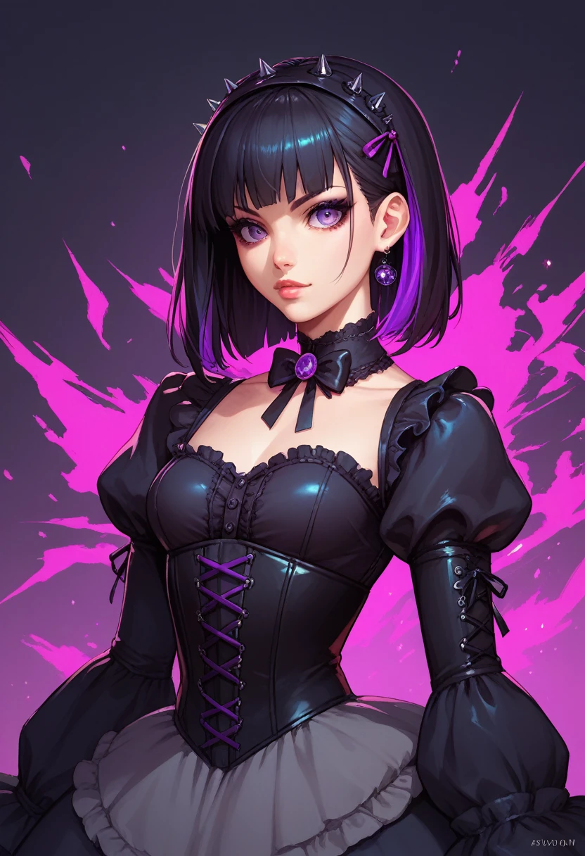 Goth Barbie girl pink blouse black pleated skirt short black corset fishnet stocking fishnet glove pink and black makeup pink eyeshadow big eyeliner black lipstick spikes Black medium hair with bangs White pale skin gothic goth subculture goth barbie
