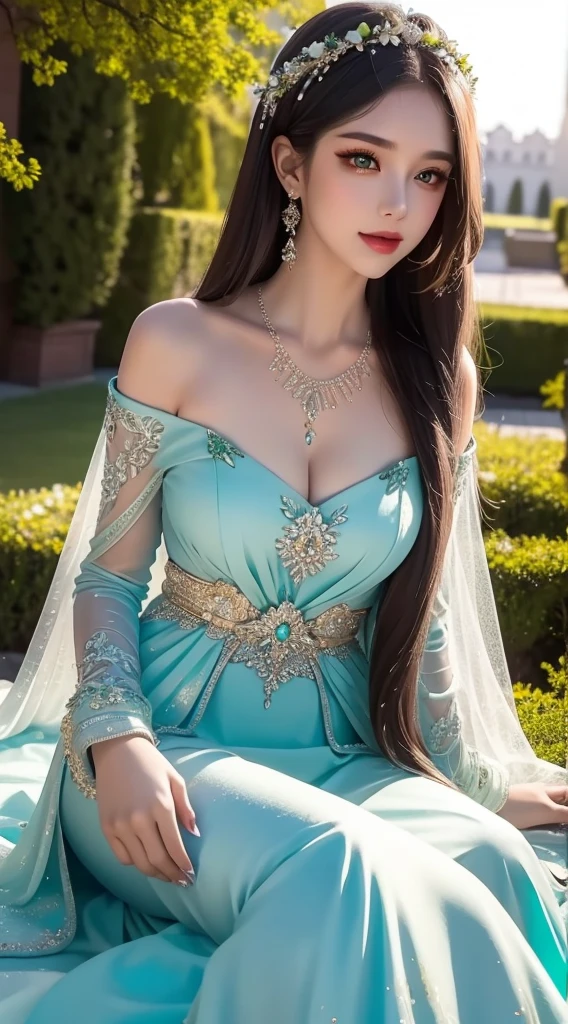 4K ultra hd, masterpiece, a cute girl, good face, detailed eyes, liquid lipstick, long hair, spreading hair, necklace, beaeutiful dress, long dress, marriage dress, green color, high lights, light effects, shining, realistic background, nature background, flowers, sitting, whole body capture,