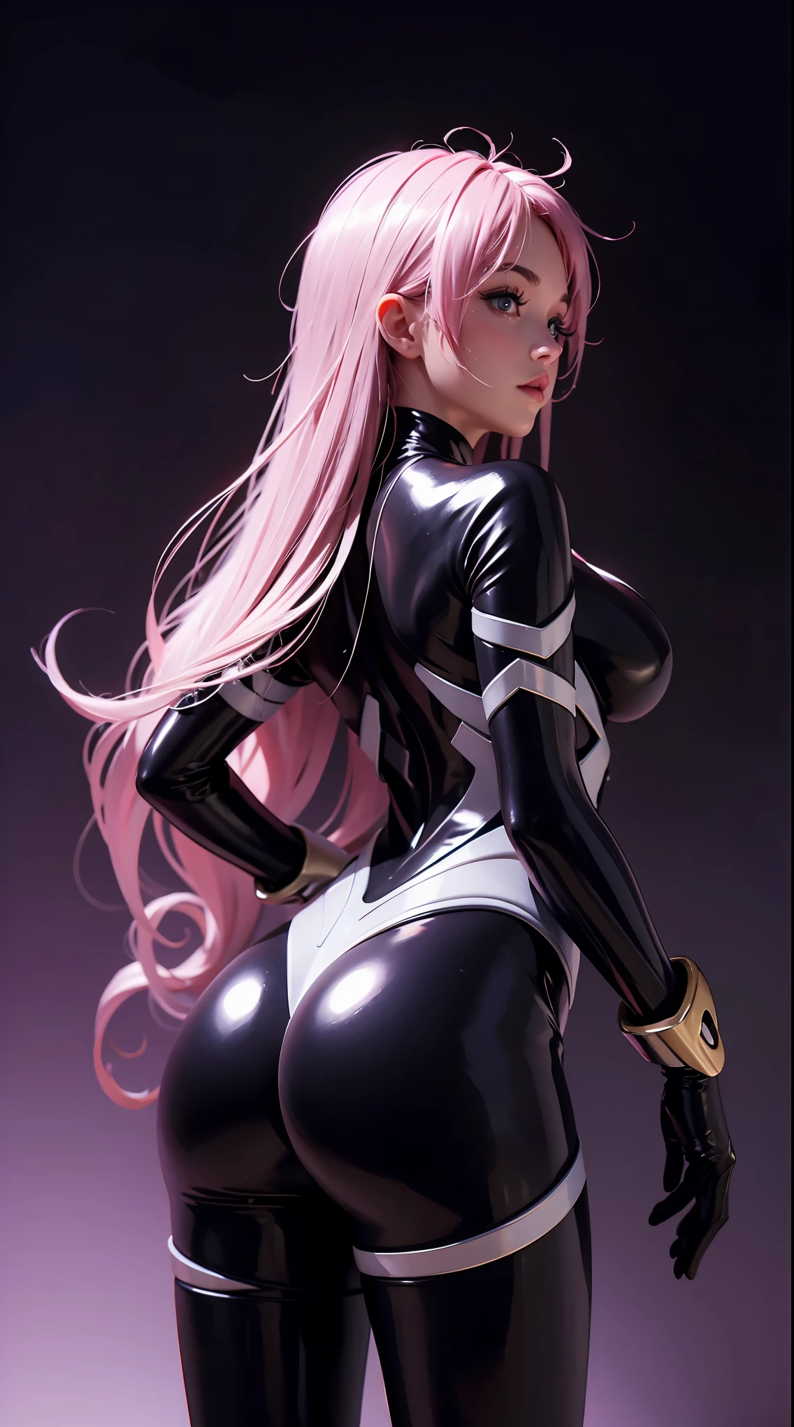 Psylock, attractive figure, fine-grained skin, marvel, cosplay Psylock, Superheroine, Latex shine, Beautiful Psylock, Latex shine, Beautiful face, (8k, RAW photo, best quality, masterpiece:1.2), (Real: 1.3), (Real: 1.3), Ultra detailed, (High detail skin:1.2), Ultra high resolution, UHD, DSLR, soft lighting, high quality, film grain, fujifilm XT3, best quality, beautiful lighting, neon background, ultra-realistic stick, wearing a costume with exposed abdomen and thighs, wearing a pink costume, having your back to the viewer, sticking your ass out towards the viewer