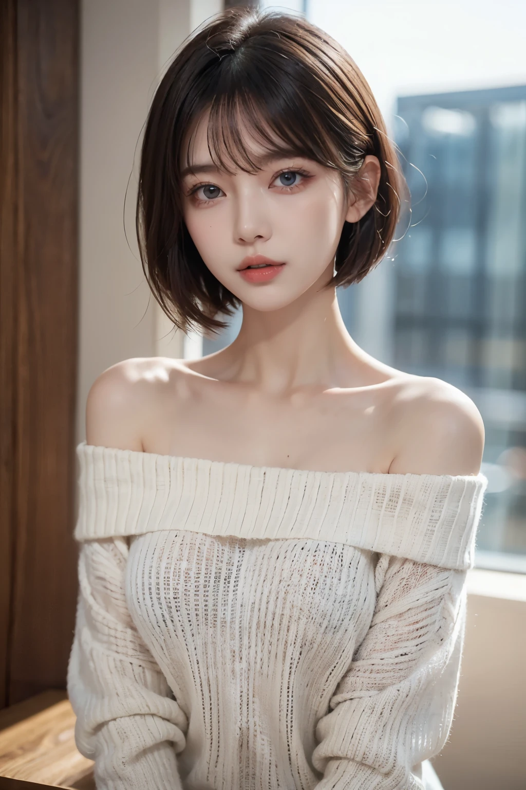 ultra high resolution,masterpiece, best quality, , perfect shiny and smooth skin, full light, detailed lighting, Dramatic Shadows, ray tracing, one girl, upper body,Black Sweater, Viewers, off-shoulder , Big Breasts, exposed cleaves, blue eyes, SHARP FACE , Sharp Eye, Cyberpunk 、 pixie cut