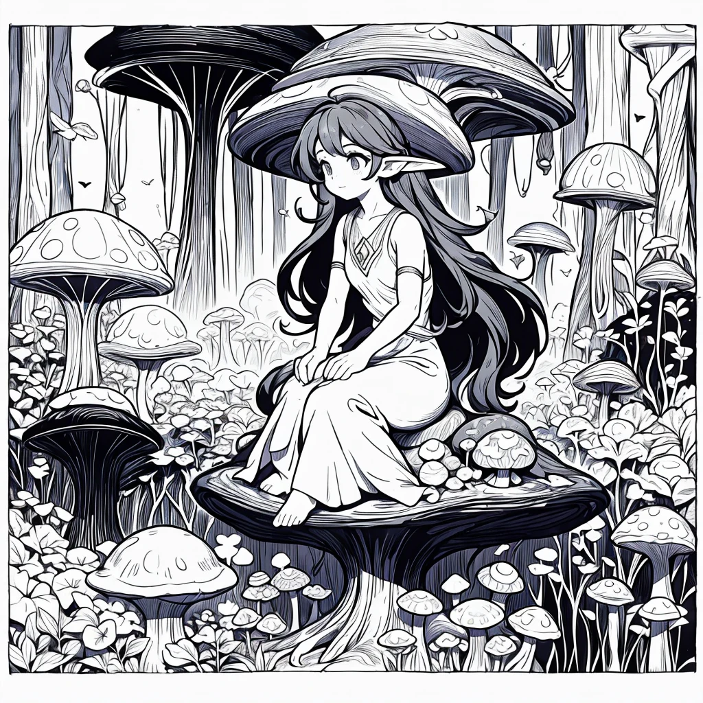 a fairy sitting on a mushroom, ColoringBookAF, black and white