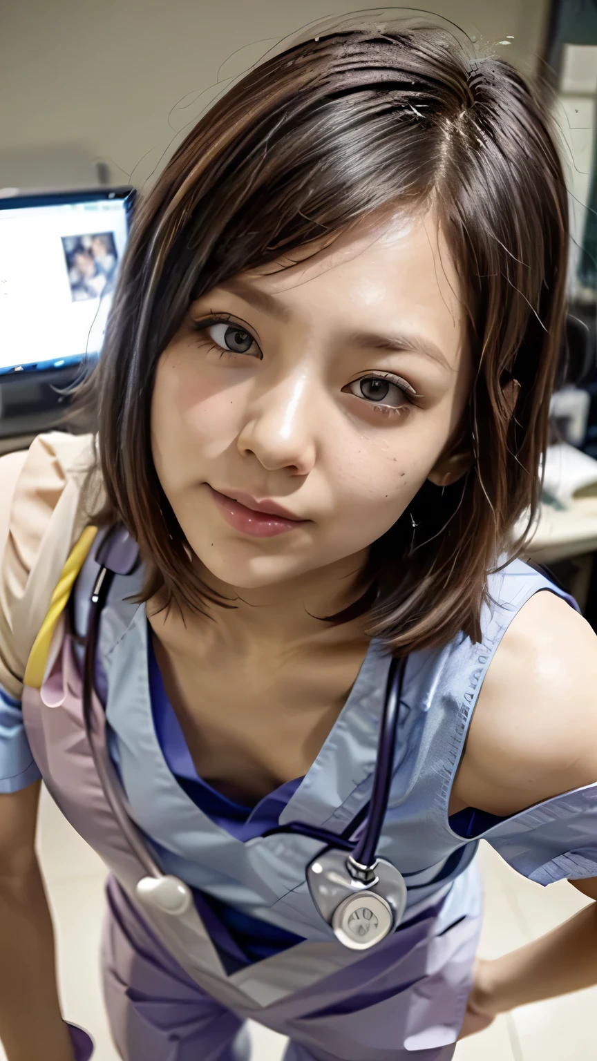 ((Medical Slabs:1.5、Wearing glasses:1.3、front)、A female technician wearing glasses peering at a patient leaning forward in a hospital、Breast flash、Cleavage、Small breasts)、(Realistic、Like a photograph、Live Action、, Realistic, RAW Photos, Best image quality: 1.4), Single-lens reflex camera、RAW Photos, Highest quality, Realistic, Very detailed CG Unity 8k wallpaper, Written boundary depth, Cinematic Light, Lens flare, Ray Tracing, Realistic background、hospital:1.4、(nurse:1.4、Medical scrub:1.3、Toned body)、((Ultra-dense skin))、 woman,Cute Japanese nurse、((Leaning forward、((whole body:1.5))、During examination:1.1、Serious expression))、Pink inner color hair、short hair:1.2、Short Ponytail、I like that style、stylish、Very detailed、Pay attention to the details、Perfect outfit、(Sunburned skin)、Beautiful legs:1.1、front、frontTop view、Anatomically correct body、Accurate fingering
