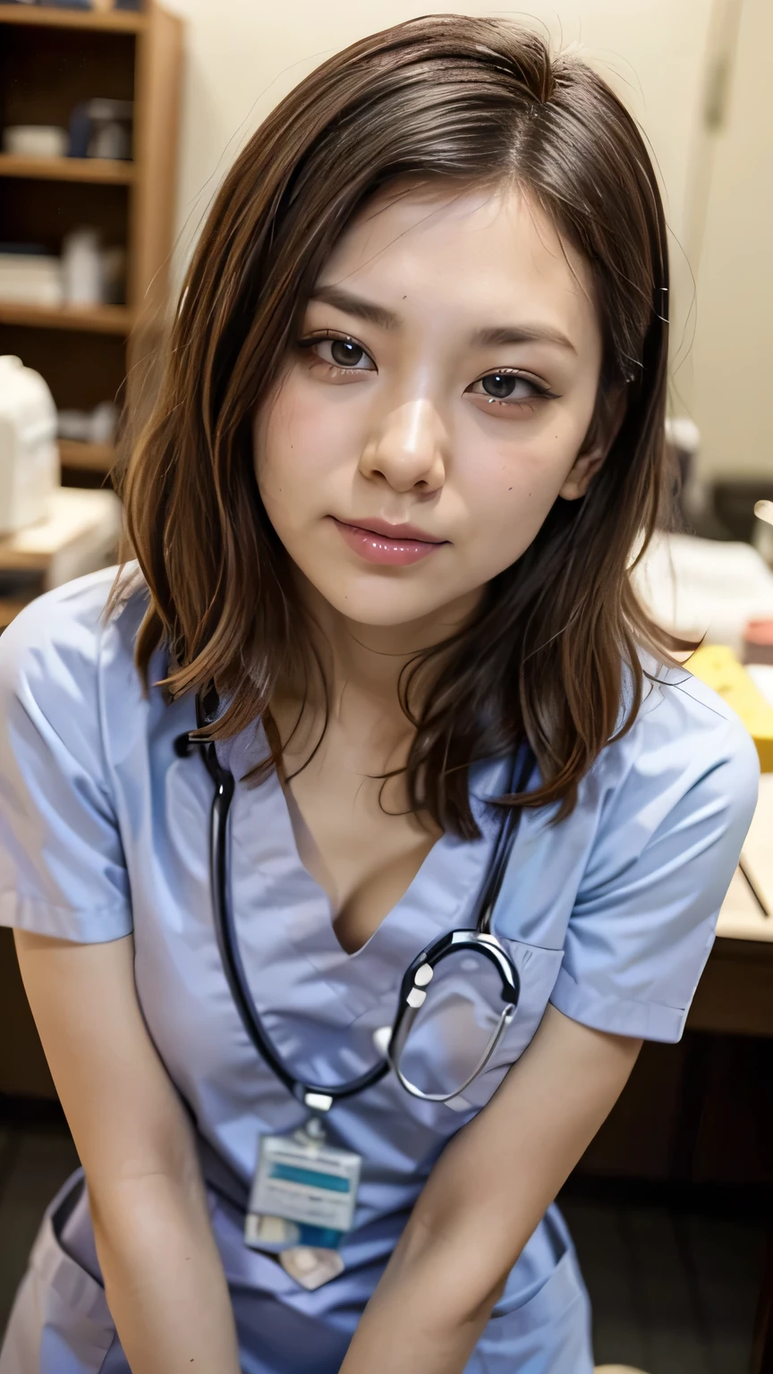 ((Medical Slabs:1.5)、A female technician leaning forward and peering at a patient in a hospital、Breast flash、Cleavage、Small breasts)、(Realistic、Like a photograph、Live Action、, Realistic, RAW Photos, Best image quality: 1.4), Single-lens reflex camera、RAW Photos, Highest quality, Realistic, Very detailed CG Unity 8k wallpaper, Written boundary depth, Cinematic Light, Lens flare, Ray Tracing, Realistic background、hospital:1.4、(nurse:1.4、Medical scrub:1.3、Toned body)、((Ultra-dense skin))、 woman,Cute Japanese nurse、((Leaning forward、((whole body:1.5))、During examination:1.1、Serious expression))、Pink inner color hair、short hair:1.2、Short Ponytail、I like that style、stylish、Very detailed、Pay attention to the details、Perfect outfit、(Sunburned skin)、Beautiful legs:1.1、Front top view、Anatomically correct body、Accurate fingering