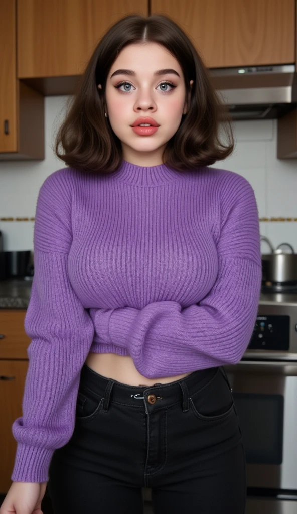 Gina in the kitchen modeling a purple sweater and black denim jeans, full body shot. 