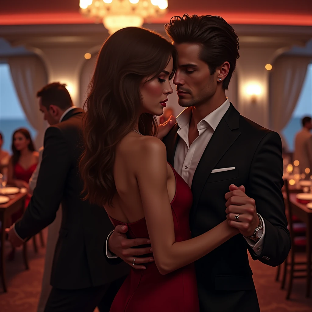 A striking figure is subtly divided down the middle, with one half representing a woman and the other a man. The face is a plausible and well-balanced mix of male and female features, perfectly harmonizing the two aspects into one unified, yet intriguingly ambiguous expression. The female half is elegantly dressed in a flowing, red evening gown with delicate lace detailing along the neckline and sleeves. Her hair is styled in soft curls, and she wears a single earring that sparkles in the light. The male half is dressed in a sharp, red tuxedo with a crisp white shirt and a bow tie. The tuxedo blends seamlessly with the dress, and the shirt with the gown's undershirt, creating a harmonious fusion of the two styles. His hair is neatly combed, and he sports a polished black shoe. The figure embodies the duality of gender in a single person, seamlessly blending both genders in perfect harmony. The figure stands in the midst of a crowded bar. The bar is lively, with people chatting and glasses clinking, dim lighting casting warm hues over the scene.