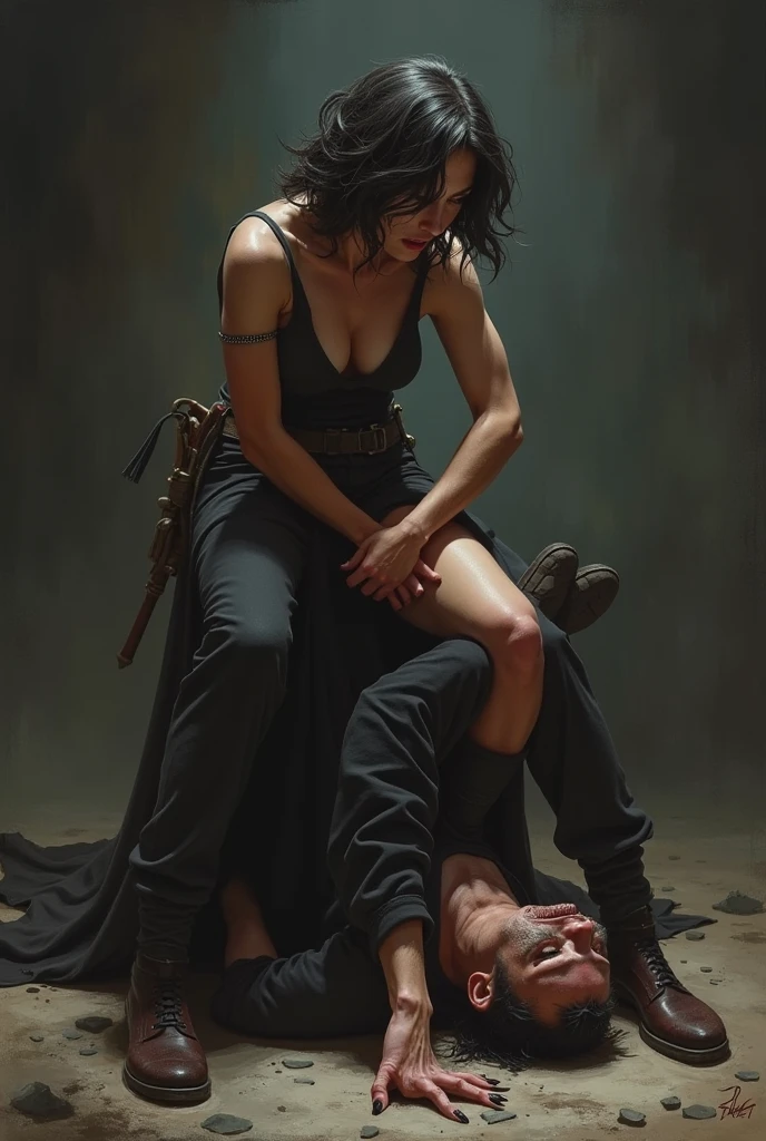 Homme accroupie femme qui l écrase avec c est talons 