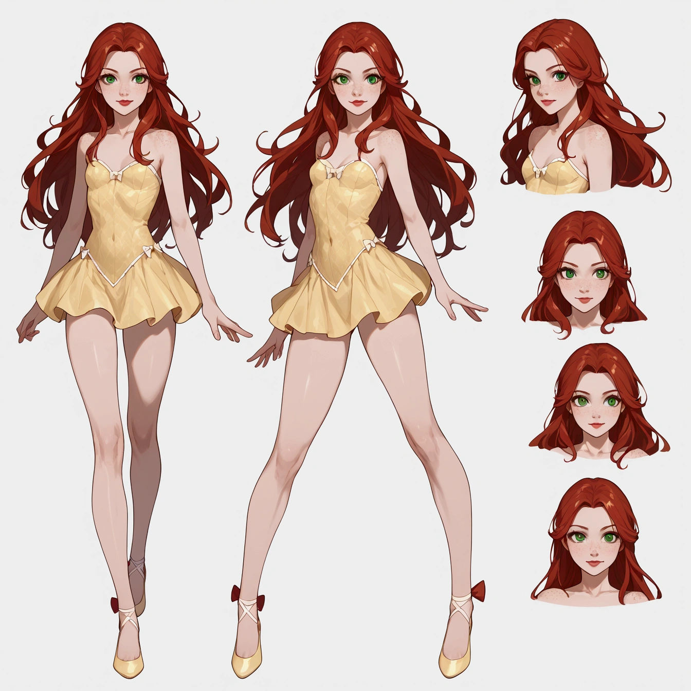 ((full body shot, standing, feet on the ground)) Batgirl, ((character design sheet)),Twist Sheet Character,  masterpiece, best quality, highly detailed, score_9, score_8_up, score_7_up, score_6_up, anime source,BREAK, 2girl, solo, unclothed, nude , long hair, green eyes, flower, hair bow, small breasts, bow, looking at viewer, freckles, parted lips, smile, full body, red lips, lips, leather ballet slipper, side facing, She looks for you, your gauze hurts, fishnets, white background, neutral cast, dance pose
