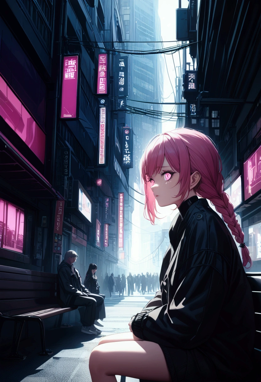 cinematic lighting, 4k, ultra details, ultra realism, woman, harlequin, sad, heavy eye liner, cyberpunk city, woman has glowing pink hair, woman sitting on a bench, woman has braided hair, people walking in the background , –ar 9:16