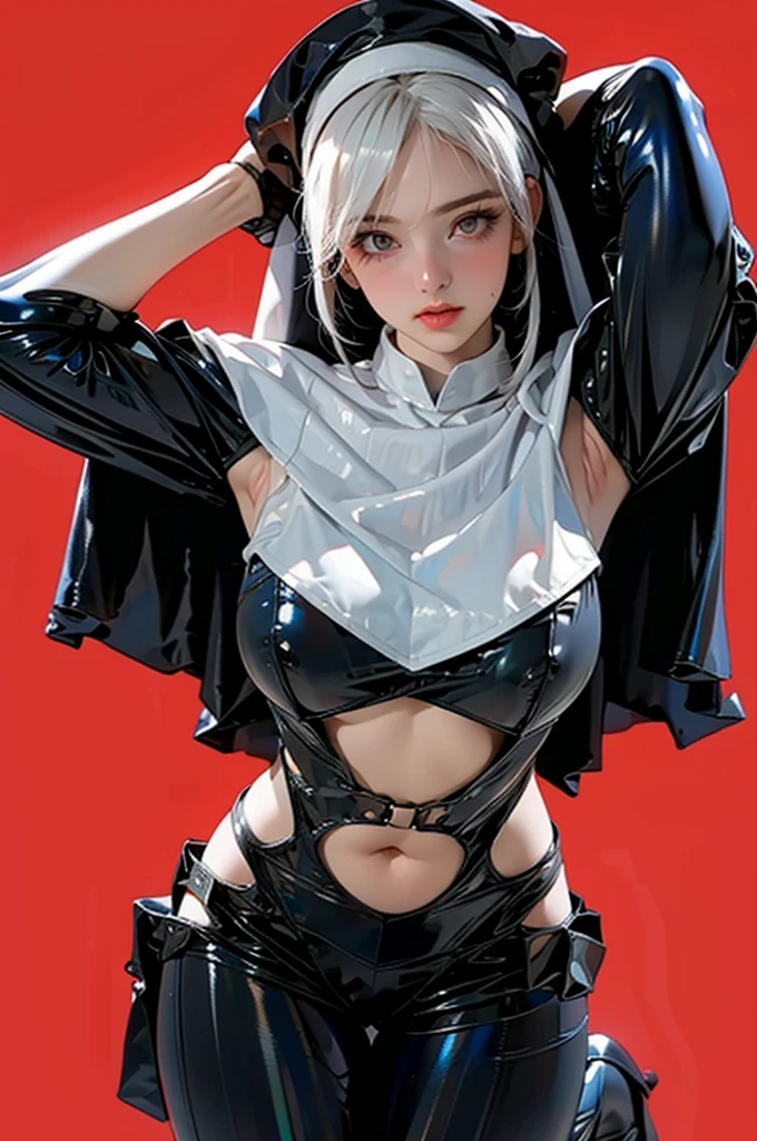 1girl, solo, medium breasts, (thigh gap:1.2), (cowboy shot:1.2), ruanyi020, squatting cowgirl position, black bodysuit, bdsm, nun, capelet, (white hair), (masterpiece, best quality, hires, high resolution:1.2), (extremely detailed, realistic, intricate details, highres), 3d, cg, bbw, shiny skin, blush, eyeliner, eyeshadow, eyelashes, (gigantic breasts, saggy breasts:1.1), (cinematic lighting, sunlight, volumetric), looking at viewer, simple red background, vintage fantasy, 1960s (style), film grain, (show armpits, sexy armpits, clean armpits, sweat armpits), normal human body