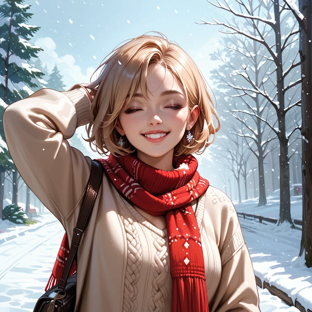 score_9, score_8_up, score_7_up, score_6_up, score_5_up, 1girl, scarf, solo, red scarf, closed eyes, smile, outdoors, arm up, winter, sweater, snowing, tree, snow
