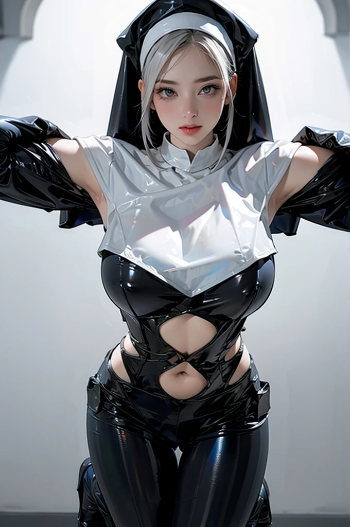 1girl,solo,medium breasts,(thigh gap:1.2),(cowboy shot:1.2),ruanyi020,squatting cowgirl position,black bodysuit,bdsm,nun,capelet,(white hair),, (masterpiece, best quality, hires, high resolution:1.2), (extremely detailed, realistic, intricate details, highres), 3d, cg,  bbw, shiny skin, , blush,, eyeliner, eyeshadow, eyelashes,, (gigantic breasts, saggy breasts:1.1), (cinematic lighting, sunlight, volumetric), looking at viewer, simple church background, vintage fantasy, 1960s \(style\), film grain,((show armpits,sexy armpits,clean armpits,sweat armpits)) less suit,few pieces of clothing,Spread your legs,Tight fitting dress